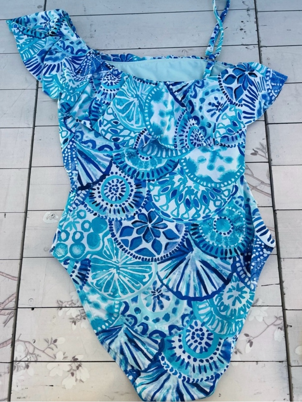 Blue Pattern One-Shoulder Ruffle Swimsuit - Picture 2 of 2